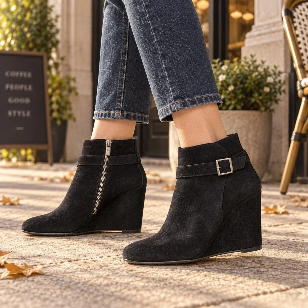 Vince Camuto Dena Black Suede Leather Wedge Buckle Booties 8.5